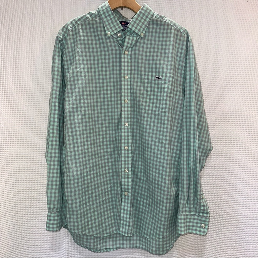 Vineyard Vines Men's Green Gray Gingham Whale Logo Slim Fit Tucker Shirt Large
